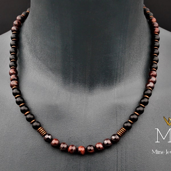Choker met rode tijgeroog en zwarte onyx: ketting van koperhematietsteen