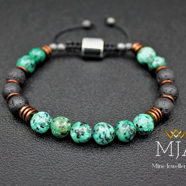 8 mm Raw African Turquoise & Lava Bead Bracelet Copper Hematite Stone Macrame Bracelet Men And Women Gemstone Jewelry