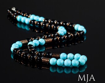 Turquoise & Black Onyx Beaded Necklace: Copper Hematite Accent