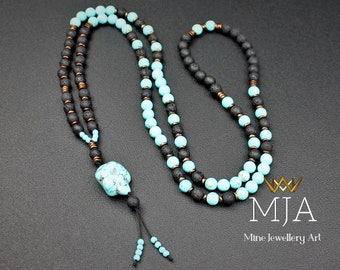 Raw Turquoise 108 Mala Necklace, Lava & Turquoise Beaded Tassel Necklace Japa Mala Women's And Man's Necklace Meditation Yoga Buddhist Gift