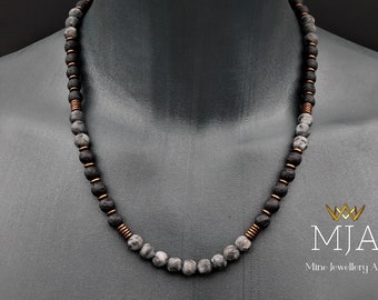 Copper Hematite & Larvikite Choker Necklace Black Lava Beaded Necklace Men&#39;s Crystal Copper Necklace Women&#39;s Jewelry Unisex Choker