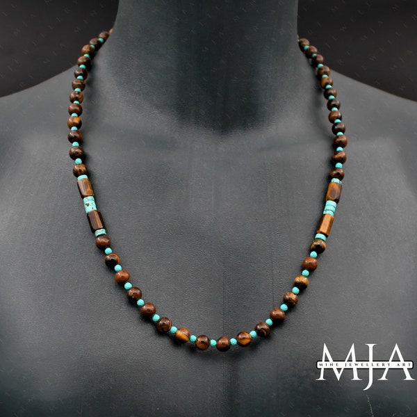 Healing Turquoise & Protection Tiger Eye Choker Necklace Gemstone Choker Men's And Women's Necklace Turquoise Beaded Jewelry Long Mala