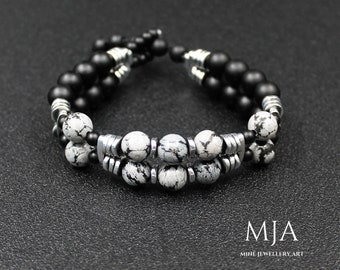 Handmade Macrame Snowflake Obsidian Bracelet with Silver Hematite & Onyx
