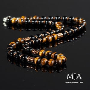 Vetgedrukte tijgeroog, onyx en goud zilver of koper hematiet choker ketting voor heren – minimalistisch en statement sieraden bescherming tijgeroog cadeau