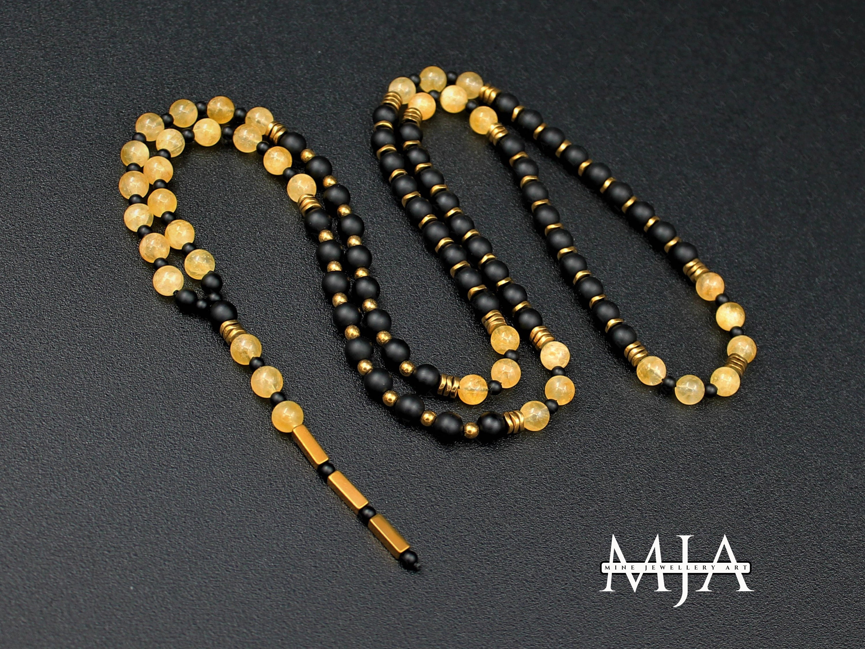Long Citrine 108 Jape Mala Necklace Beaded Necklace Black