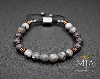 Matte Larvikite & Black Lava Bead Bracelet Copper Hematite Stone Macrame Bracelet Men's And Women's Gemstone Jewelry Gray And Black Bracelet