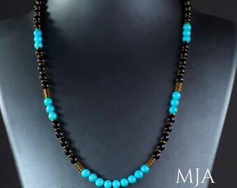 Turquoise & Black Onyx Beaded Necklace: Gold Hematite Accent