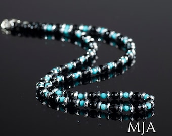 Turquoise & Black Onyx Choker: Silver Hematite Stone Beaded Necklace