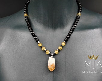 Citrine Pendant Necklace: Black Onyx, Silver Hematite Beaded Chakra Necklace