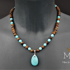 Pendentif guérison turquoise protection oeil de tigre et pierre turquoise collier cadeau homme et femme