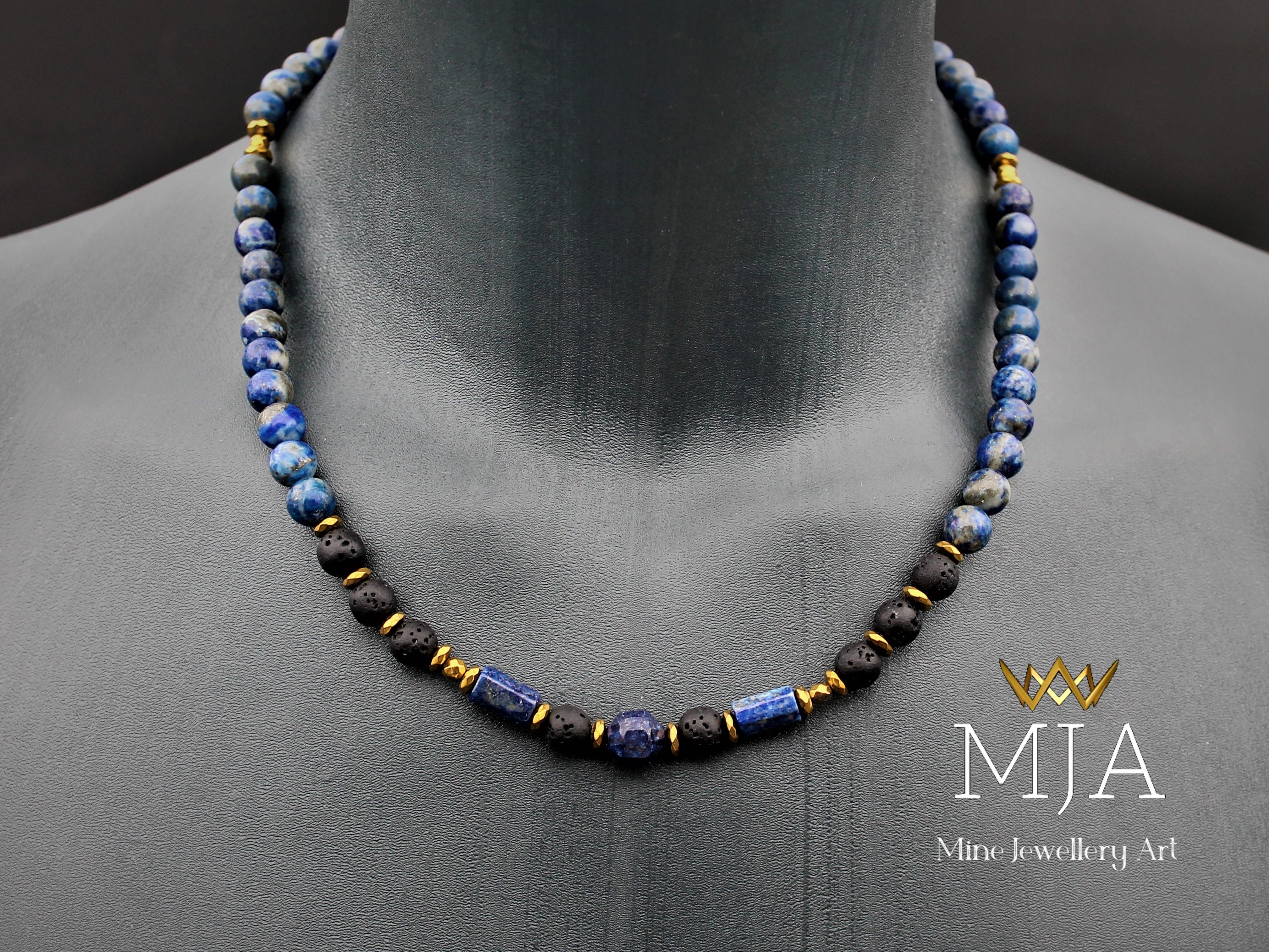 Lapis Lazuli Choker Necklace Black Lava And Lapis Lazuli Gemstone Necklace Gold Hematite Stone Men's And Women's Necklace Gift For Him