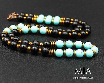 Turquoise & Black Onyx Beaded Choker: Gold Hematite Accent Necklace