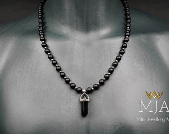Black Onyx Pendant Necklace, Hematite Stone Beads, Protection Jewelry