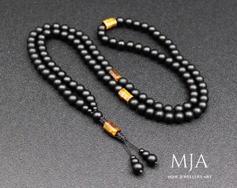 Tiger's Eye & Black Onyx 108 Mala Necklace, Onyx Beaded Macrame Tassel Necklace Japa Mala Women's And Man's Beaded Necklace Meditation Yoga