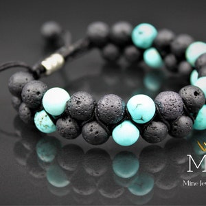 Turquoise & Black Lava Bead Bracelet: Adjustable Macrame Gemstone Bracelet imagem 2
