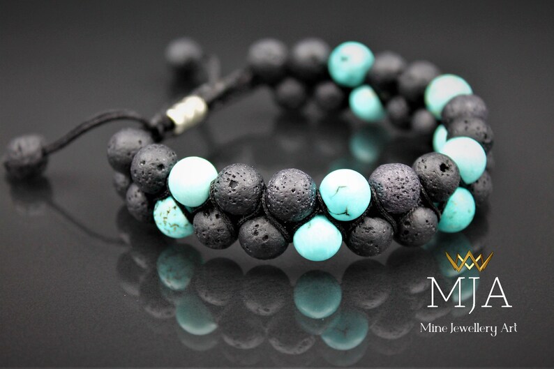 Turquoise & Black Lava Bead Bracelet: Adjustable Macrame Gemstone Bracelet imagem 2