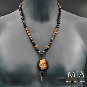 Raw Tiger&#39;s Eye Pendant Necklace: Black Onyx & Lava Stone Beaded Jewelry