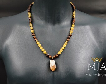 Citrine Pendant Necklace: Tiger's Eye & Hematite Beads, Adjustable Unisex Gemstone Gift