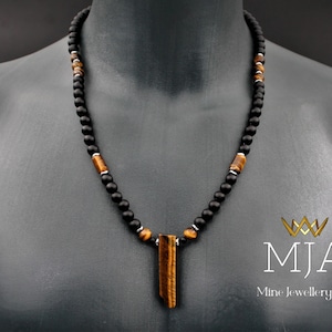 Tiger&#39;s Eye Pendant Necklace: Black Onyx & Hematite Stone