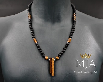 Tiger's Eye Pendant Necklace: Black Onyx & Hematite Stone