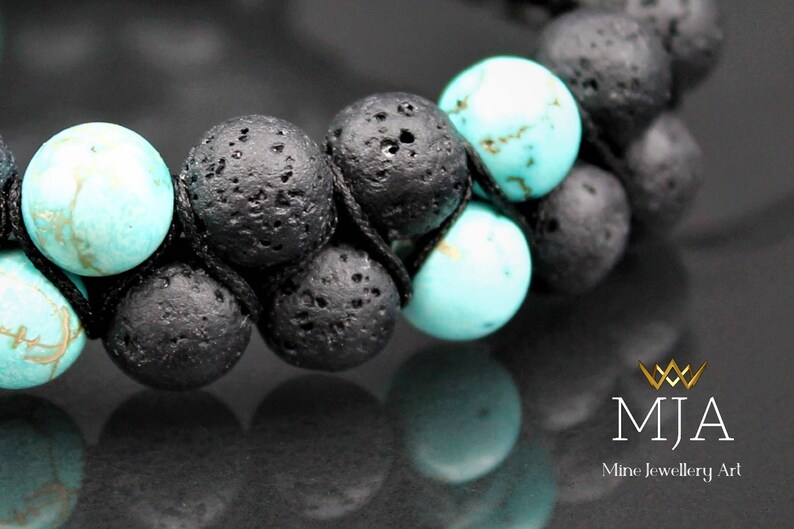 Turquoise & Black Lava Bead Bracelet: Adjustable Macrame Gemstone Bracelet imagem 4
