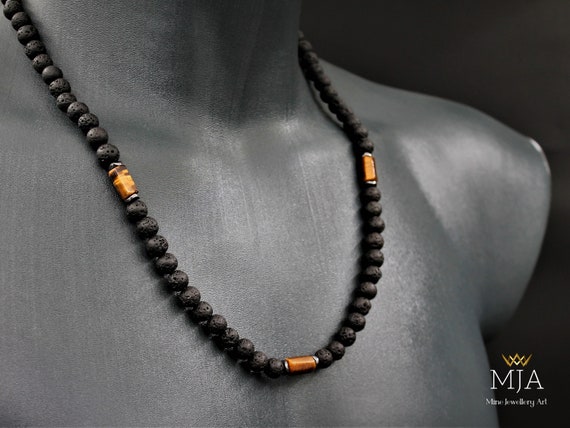 8mm Natural Tiger Eye & Lava Stone Bead Necklace – 24 Inch Stainless Steel Choker, Men/Women