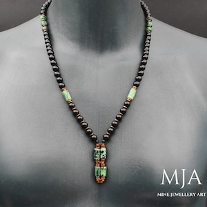 Ruby Pendant Elegance Handcrafted Necklace with Black Onyx Copper Hematite Stones Green and Black Man Healing Necklace Unique gift jewelry
