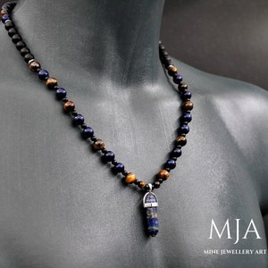 Lapis Lazuli Pointed Pendant Necklace: Tiger&#39;s Eye, Onyx & Hematite