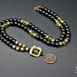 Tree of Life Pendant: Peridot & Onyx Beaded Necklace