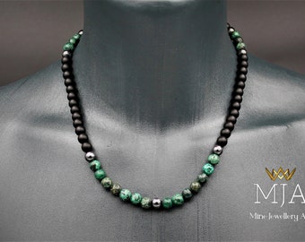 Collier de perles de turquoise africaine et d'onyx noir : protection des pierres précieuses réglable