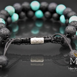 Turquoise & Black Lava Bead Bracelet: Adjustable Macrame Gemstone Bracelet imagem 5