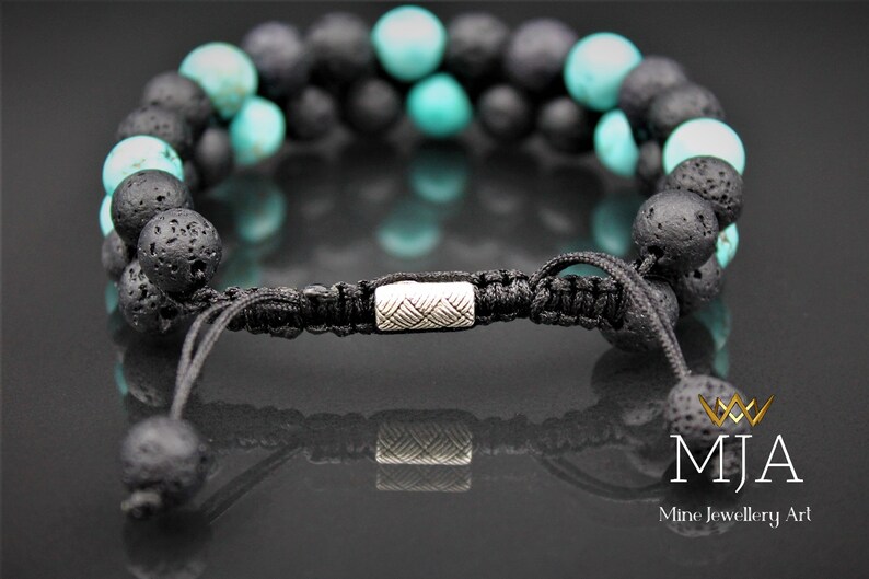 Turquoise & Black Lava Bead Bracelet: Adjustable Macrame Gemstone Bracelet imagem 5