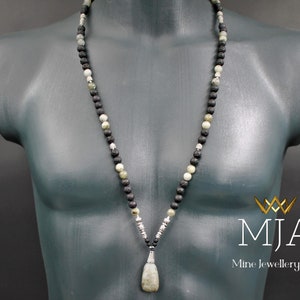 Labradorite 108 Mala Necklace Big Raw Labradorit Tassel Stone Necklace Black Lava Bead And Silver Hematite Yoga Buddhist Meditation Jewelry