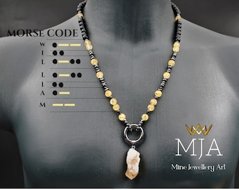 Custom Morse Code Necklace: Citrine, Black Onyx & Hematite Beaded Jewelry