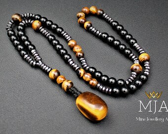 Tiger Eye Pendant Necklace: Black Onyx & Hematite Beaded Mala