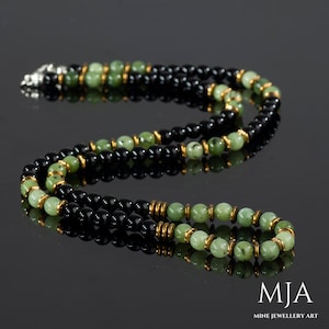 Jade & Gold Hematite Necklace: Black Onyx Beaded Choker