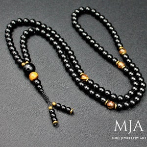 Tiger&#39;s Eye & Onyx 108 Mala Bead Necklace with Gold Hematite