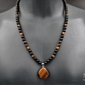 Raw Tiger&#39;s Eye Pendant Necklace: Black Onyx Protection Stone