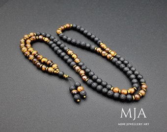 108 Mala Bead Necklace Tiger's Eye Mala Tassel Necklace, Gold Hematite Japa Mala Lava Protection Mala Buddhist Mala Beads, 108 Yoga Necklace