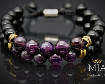 Amethyst & Onyx Bead Bracelet: Adjustable Macrame Crystal Bracelet