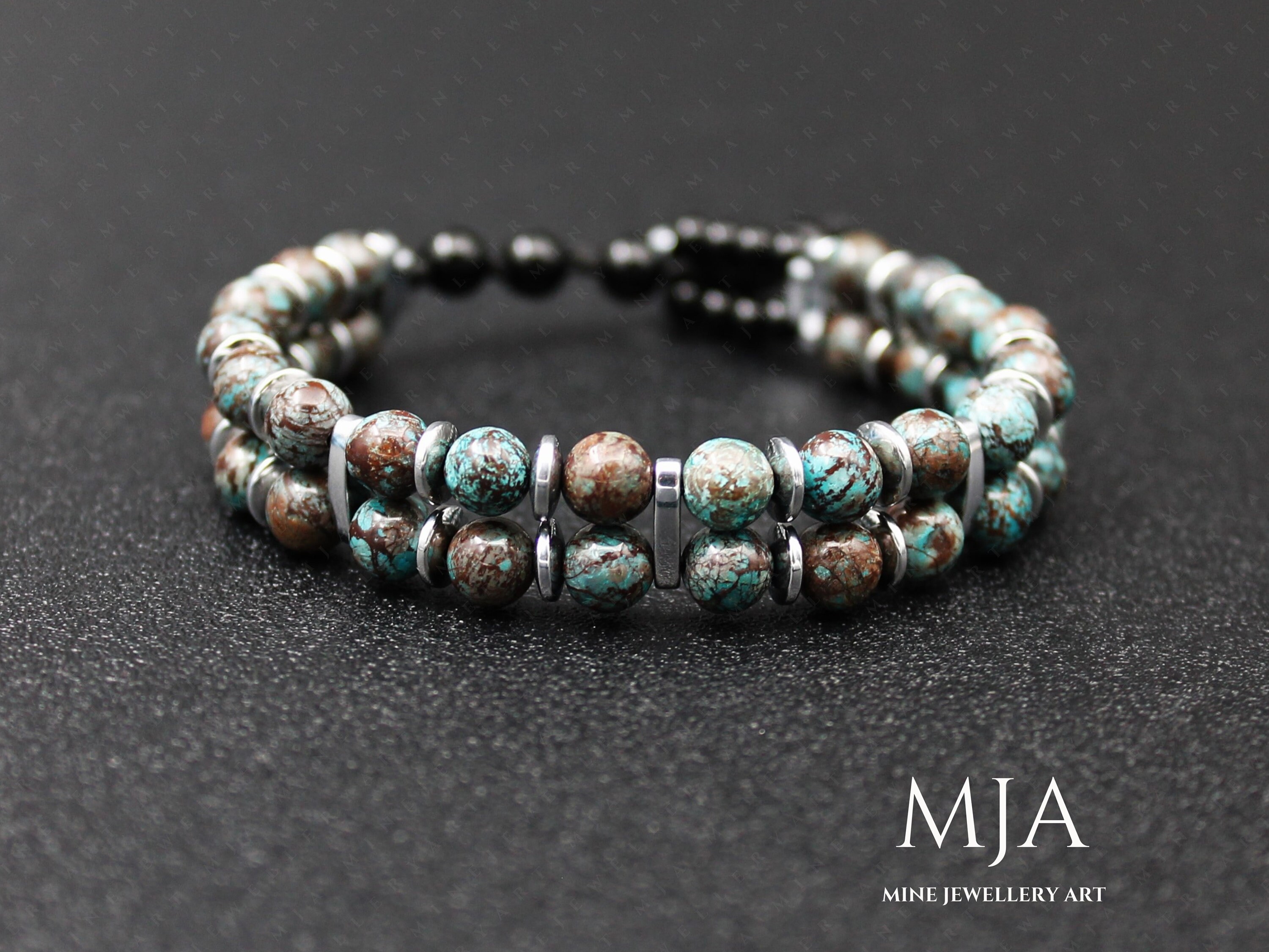 Turquoise & Bronzite Ceyd Bracelet Silver or Copper Hematite