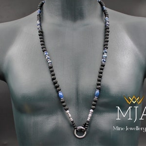 Lapis Lazuli Mala Necklace: Raw Stone Tassel, Lava & Hematite Beads