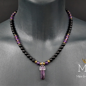 Amethyst Crystal Point Pendant Necklace Spiritual Amethyst & Black Onyx Beads Gemstone Neckless for Men/Women Jewelry