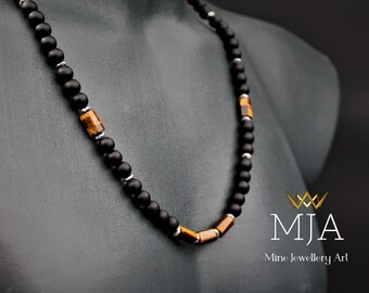 Tiger Eye Necklace & Black Onyx Beaded Necklace for Men Women Jewelry Gift For Boyfriend Hematite Gemstone Necklace Choker