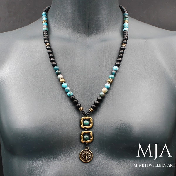Tree of Life Apatite 108 Mala Onyx & Apatite Beaded Tassel Necklace Japa Mala Meditation Yoga Buddhist Handmade Gift Boho Style Jewelry