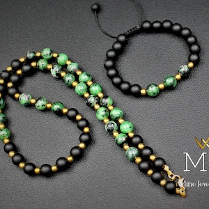 Ruby Zoisite Necklace Bracelet Set: Onyx & Gold Hematite Jewelry