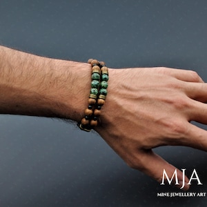 African Turquoise Wood & Onyx Beaded Bracelet: Handmade Macrame Boho Jewelry