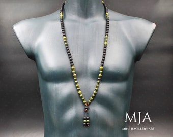 Jade Bead Mala Necklace: Lava Stone & Copper Hematite Tassel