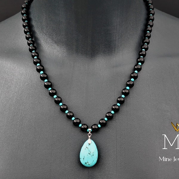 Drop Turquoise Pendant Black Onyx And Turquoise Beads Stone Necklace Men's & Women's Gift Jewelry