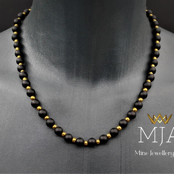 Black Onyx Beaded Choker Gold Hematite Stone Long Choker Necklace Men and Women Gemstone Necklace Gift 108 Jape Mala Jewelry